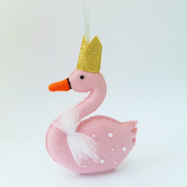 Pink Swan Felt Ornament, Gold Crown, Beads and Net