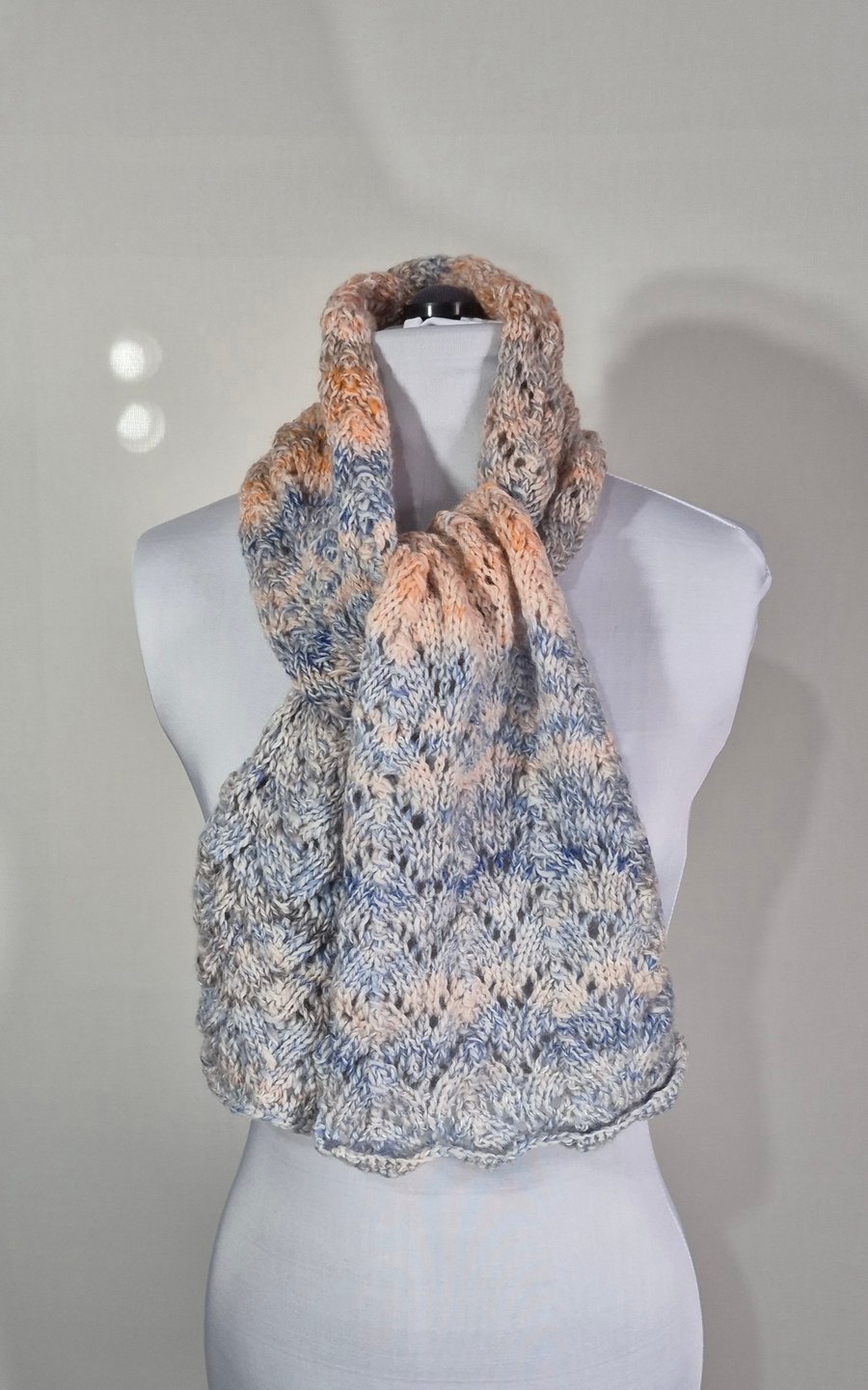 Handknitted Horseshoe Lace Pattern Scarf. Hand Spun Yarn from Marino Sheep.