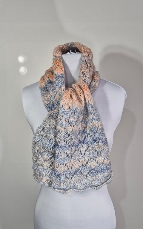 Handknitted Horseshoe Lace Pattern Scarf. Hand Spun Yarn .Marino Wool And Silk..