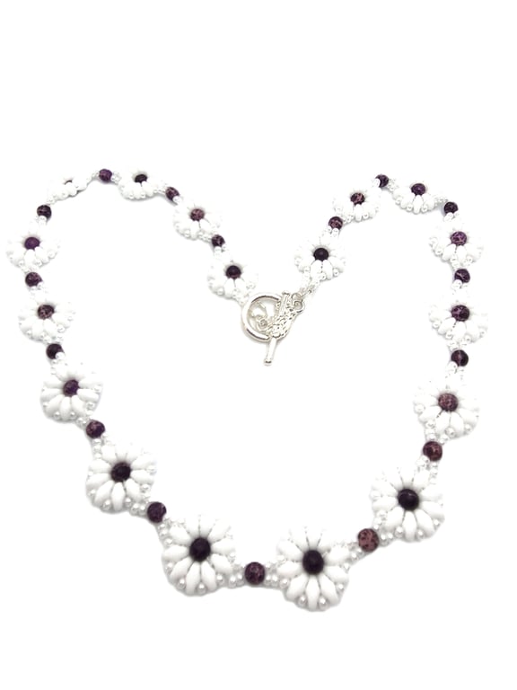 Daisy collection seed bead necklace with Lepidolite beads