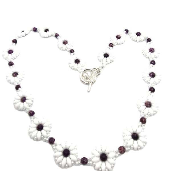 Daisy collection seed bead necklace with Lepidolite beads
