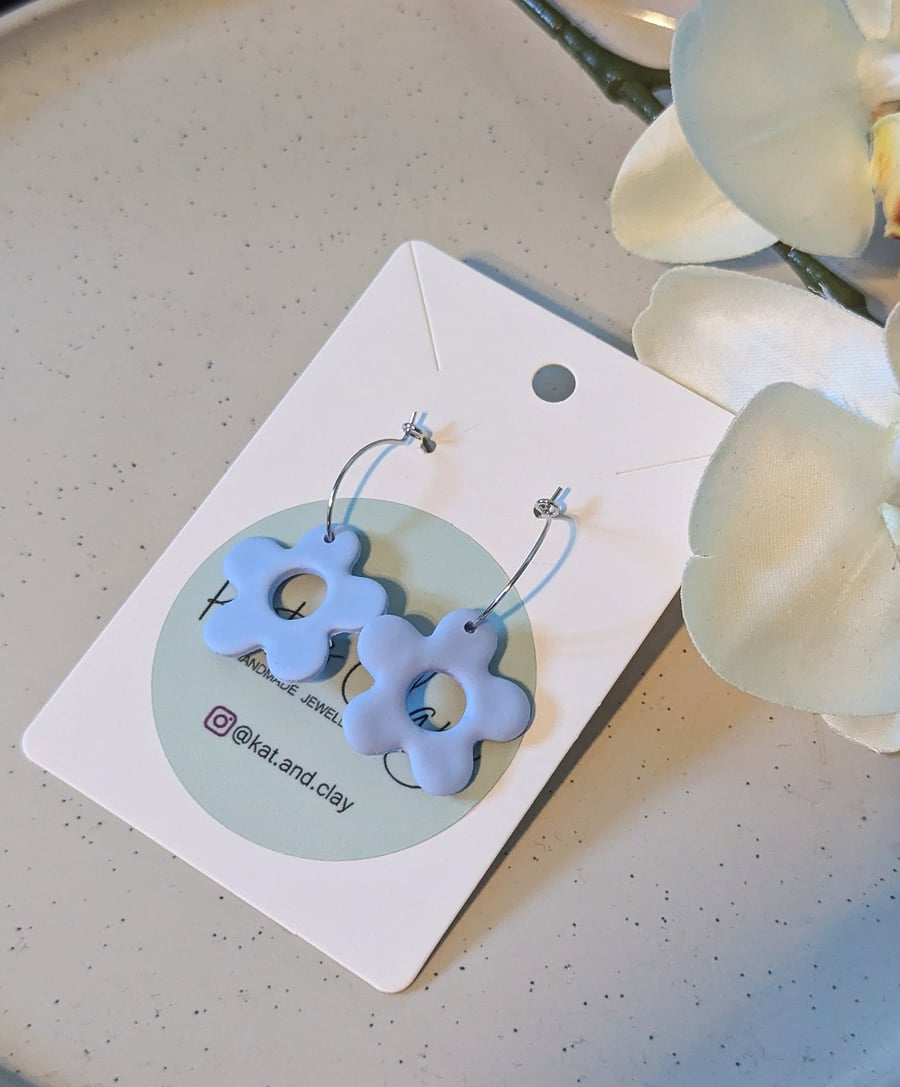 Floral Hoop Earrings - Pale Blue