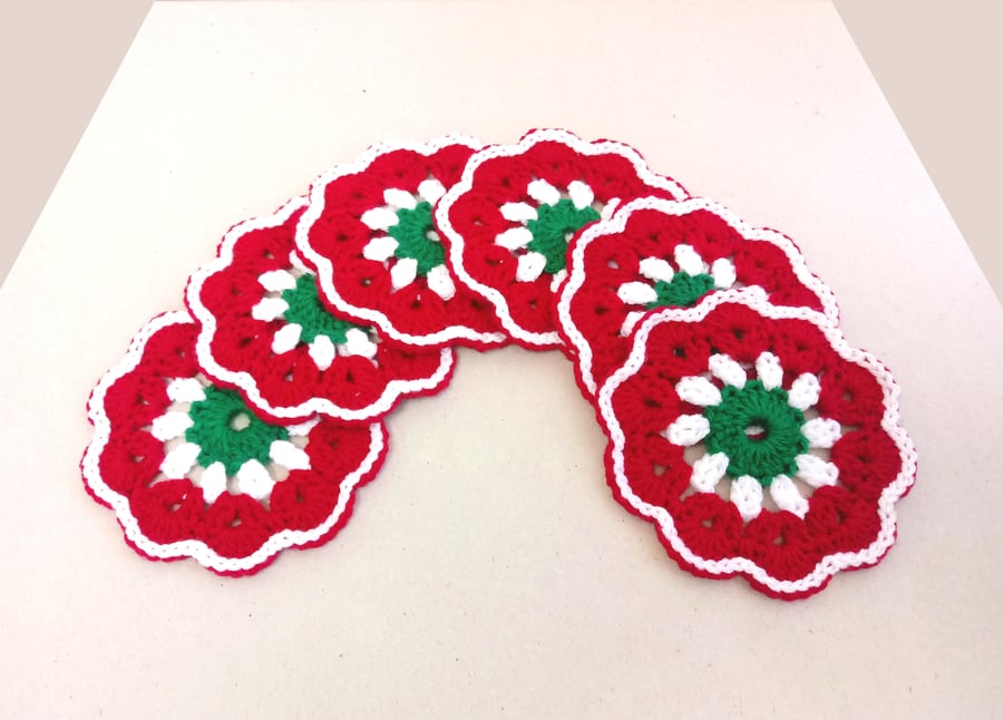 Coasters, Christmas flower coaster, set of six in red, green and white, handmade