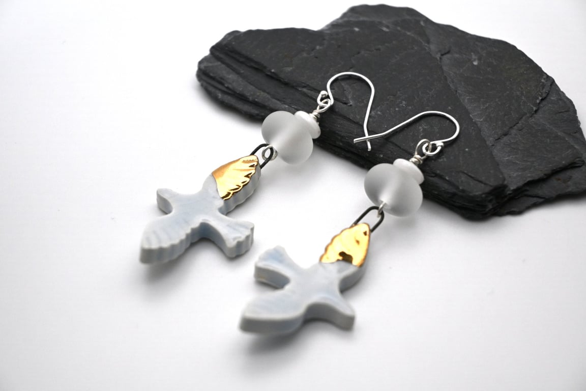 white and gold glass and ceramic bird earrings