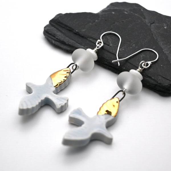 white and gold glass and ceramic bird earrings