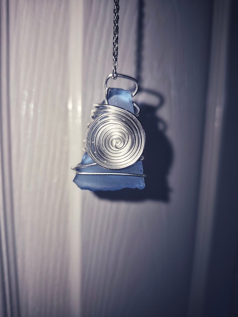 Handmade Wire Wrapped Frosted Blue Glass Pendant – Silver Wire Spiral on Chain