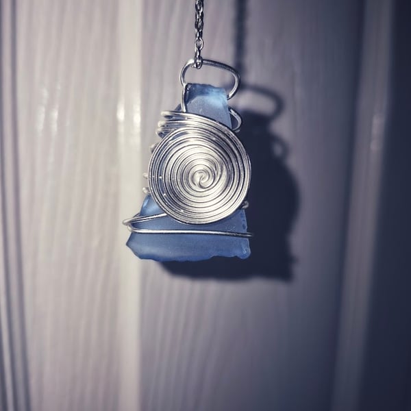 Handmade Wire Wrapped Frosted Blue Glass Pendant – Silver Wire Spiral on Chain