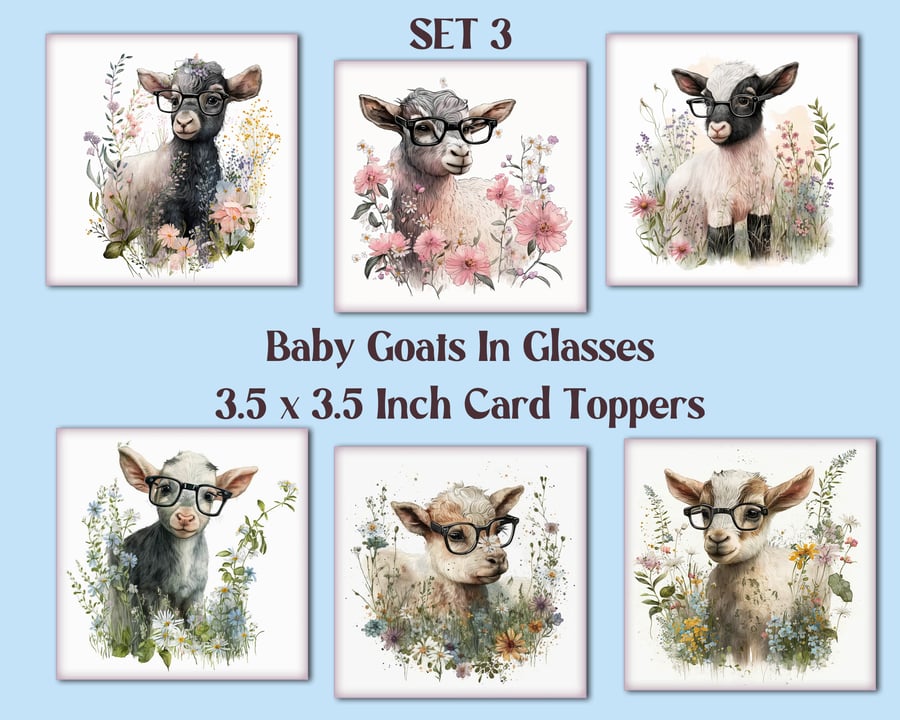 Baby Goats in Glasses Square Card Toppers for Card Making, Journals, Tags