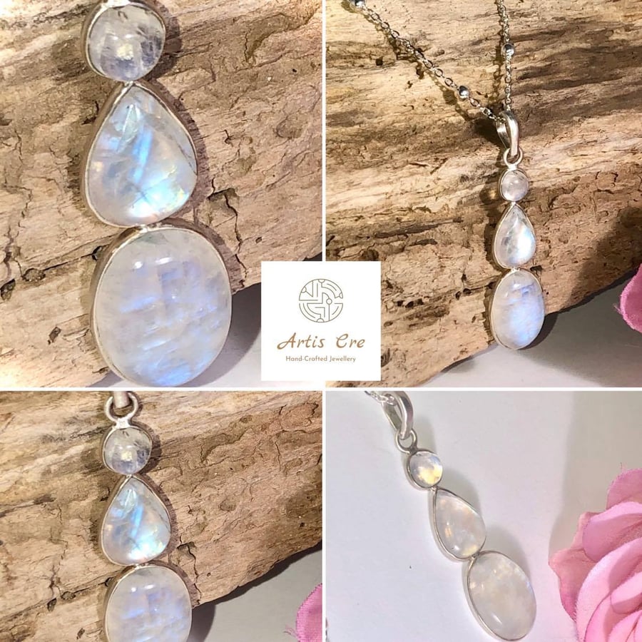 White Labradorite  rainbow Moonstone 3 tier Pendant Sterling Silver & 20" chain