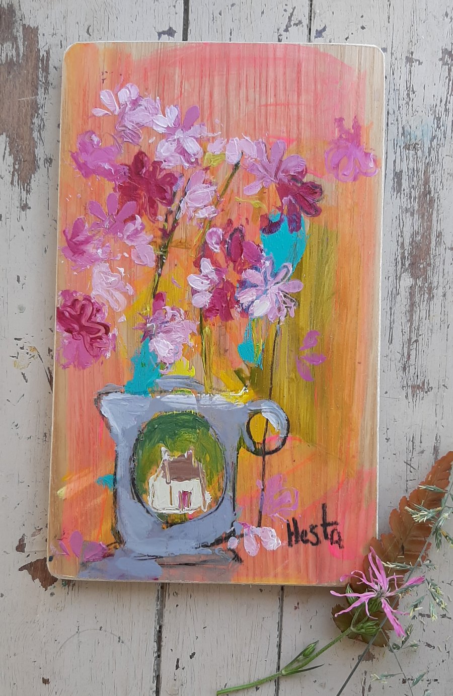 Pink flowers in a jug contemporary still life painting 