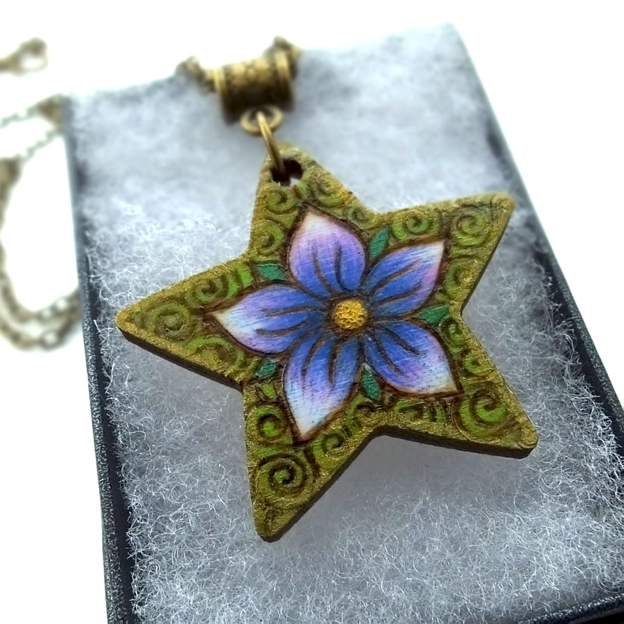 Purple Periwinkle Star, Pyrography with Colour Wooden Pendant and Necklace