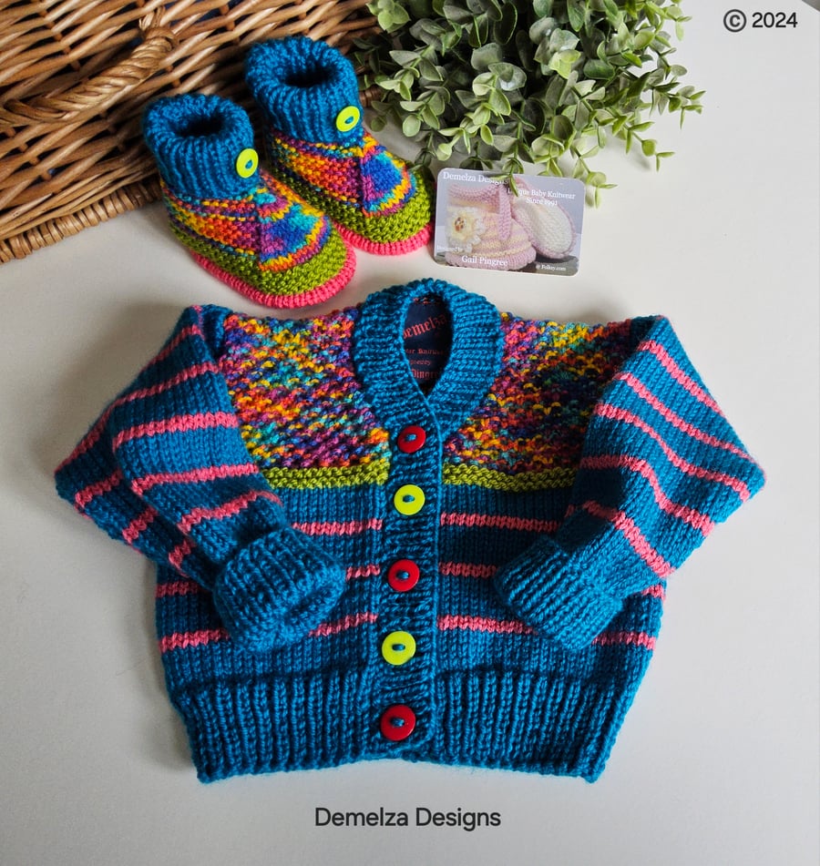 Designer Hand Knitted  Baby Cardigan & Booties Set 3-6 months 