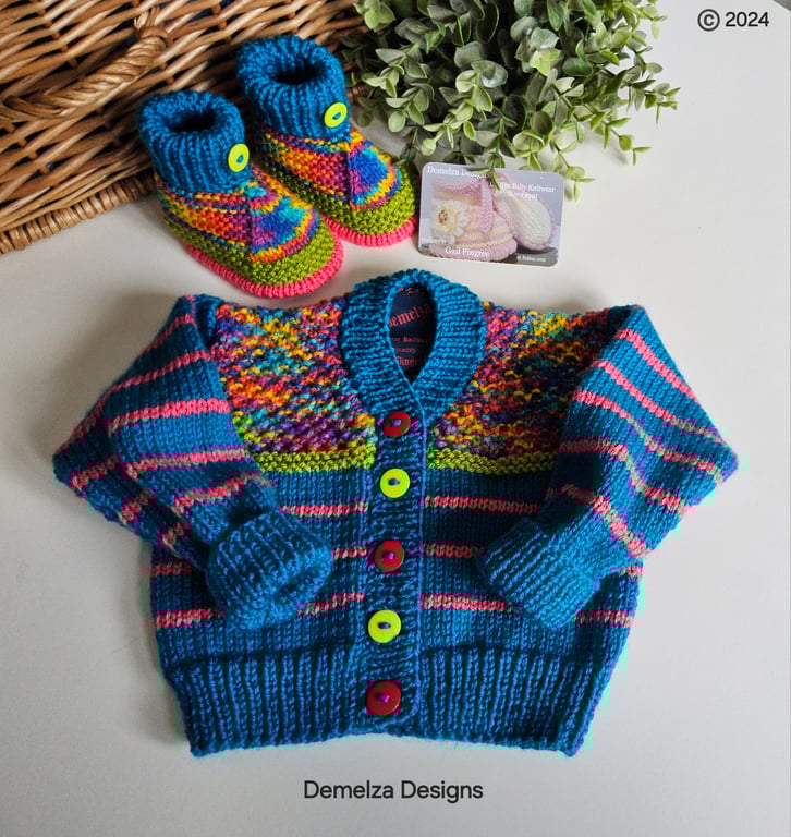 Designer Hand Knitted  Baby Cardigan & Booties Set 3-6 months 