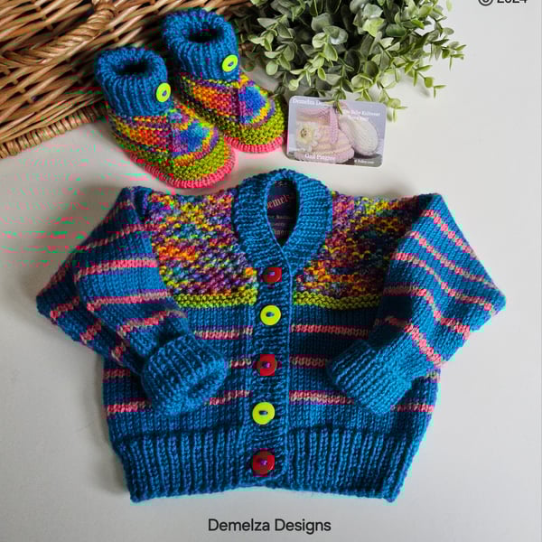 Designer Hand Knitted  Baby Cardigan & Booties Set 3-6 months 