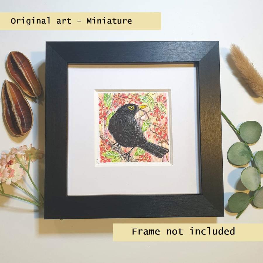 Blackbird miniature artwork, original bird drawing