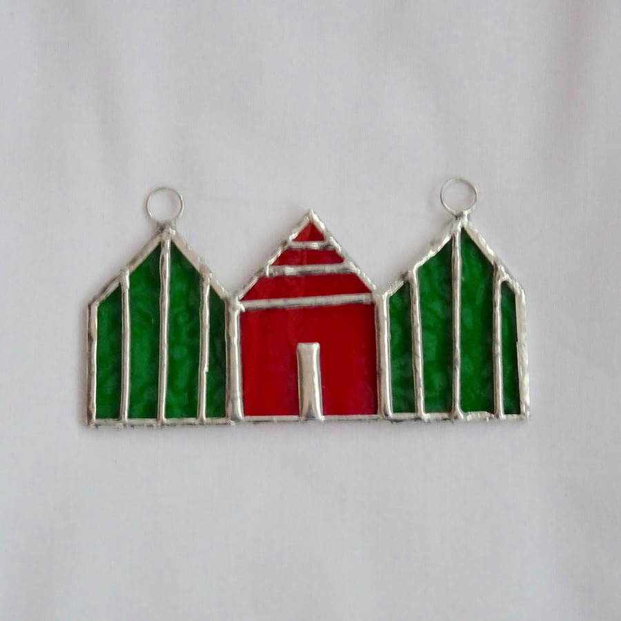 Stained Glass Suncatcher Beach Huts - Handmade decoration - RedOrange and Green