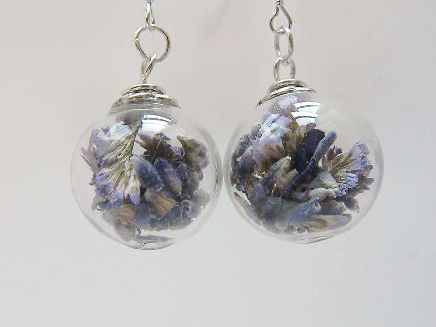 Real Lavender Earrings in Hand Blown Glass Beads - LAVENDER