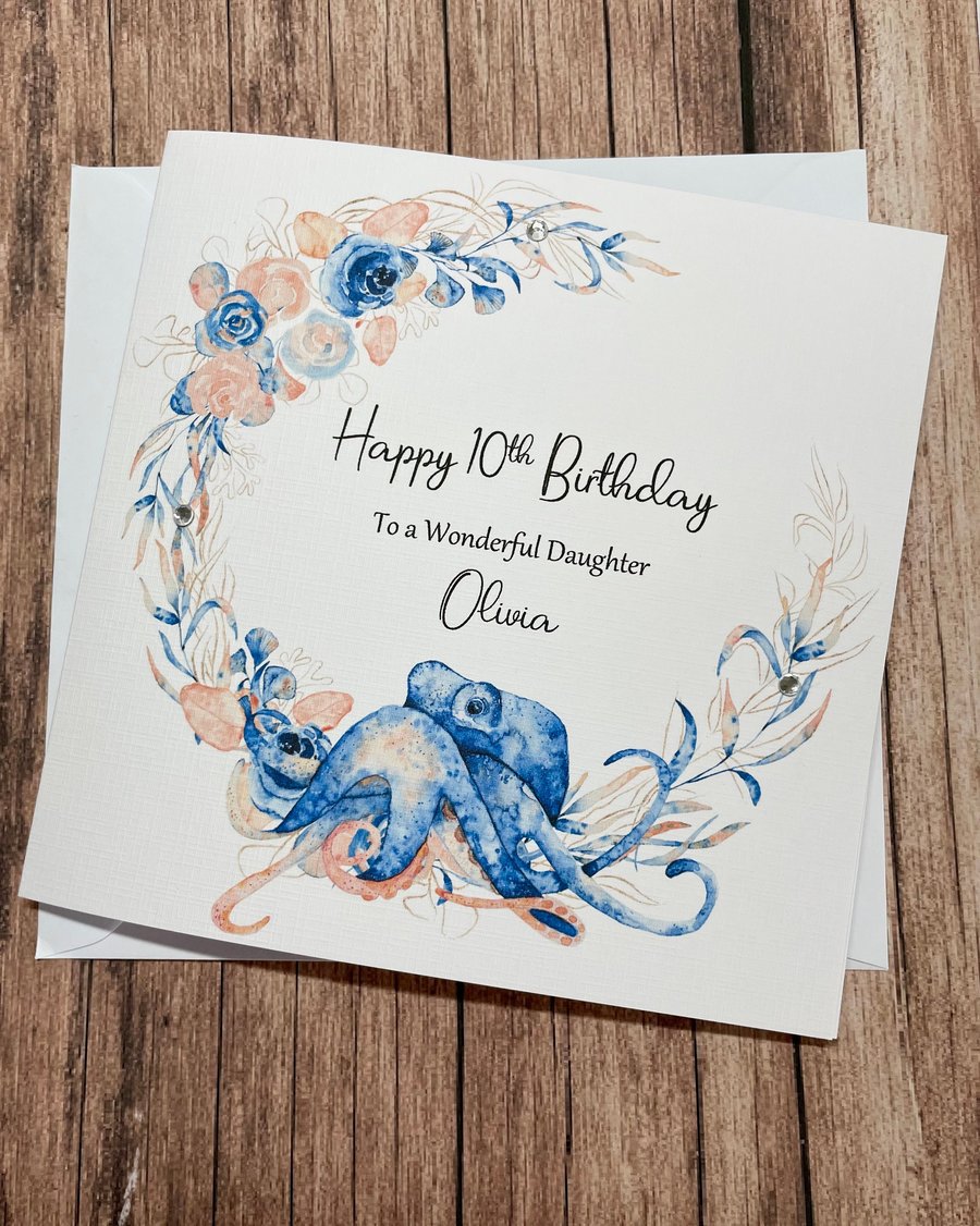 Image of Personalised Birthday octopus Card for Her Happy Birthday Granddaughter Daughter