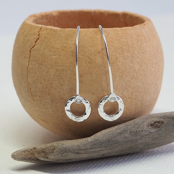 Silver hoop drop earrings, small silver circles dangle earrings