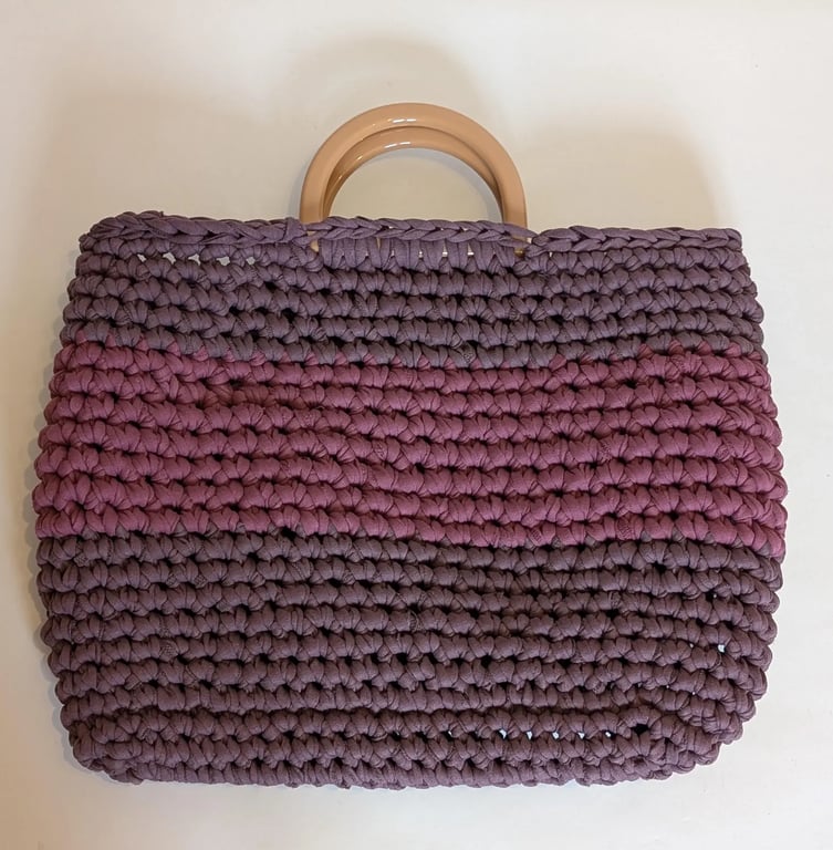 Handmade crochet bag with handles made with plum coloured t-shirt yarn