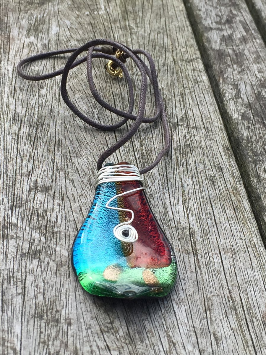 Dichroic Glass pendant wire wrapping and cord necklace