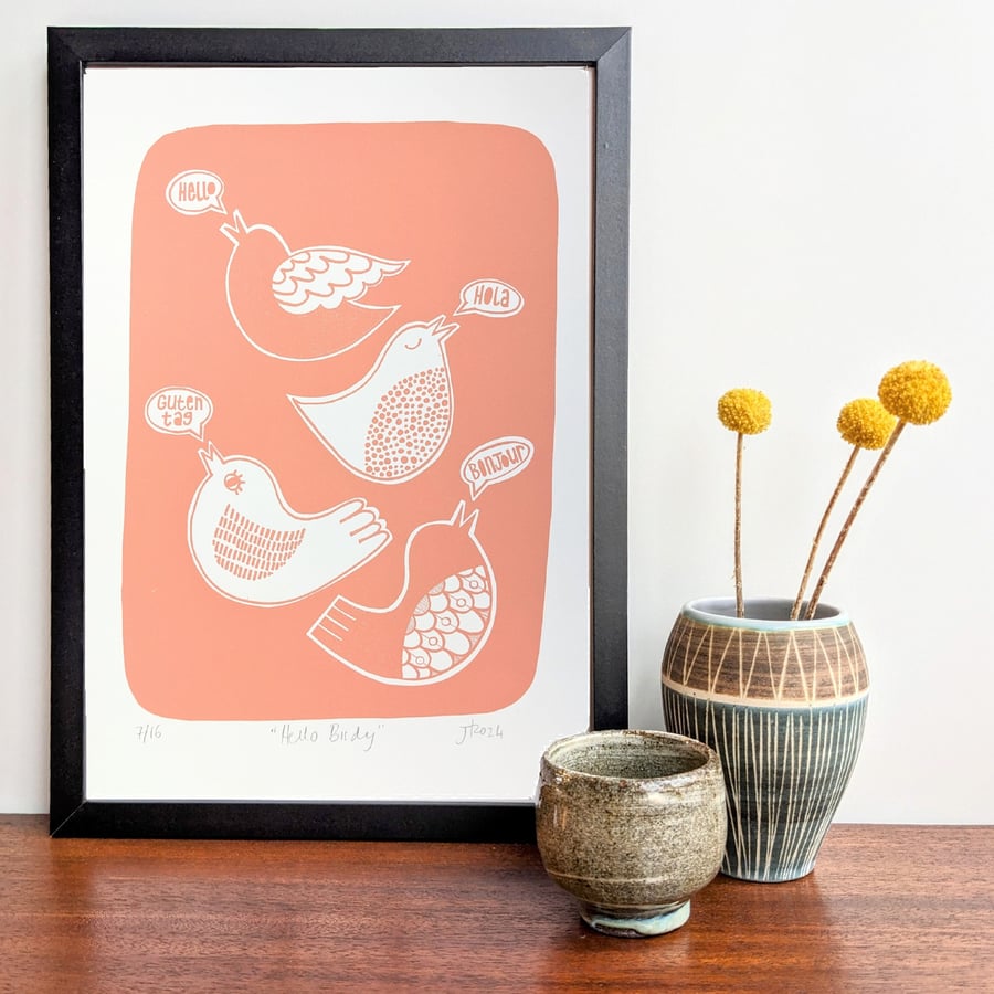 Hello Birdy in pink - hand pulled screen print