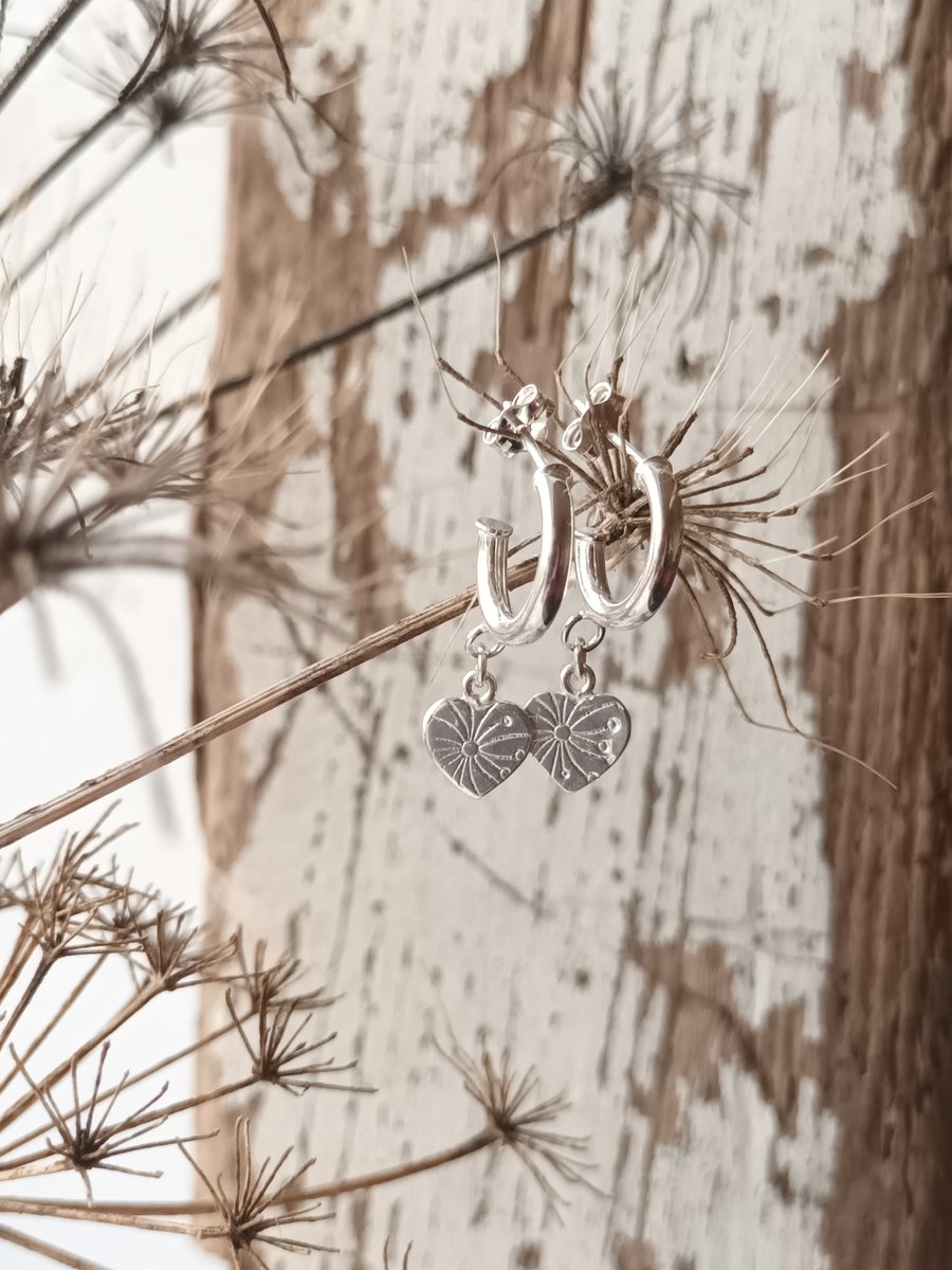 Silver Huggie Hoops with Heart Charm 