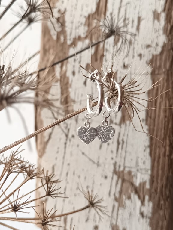 Silver Huggie Hoops with Heart Charm 