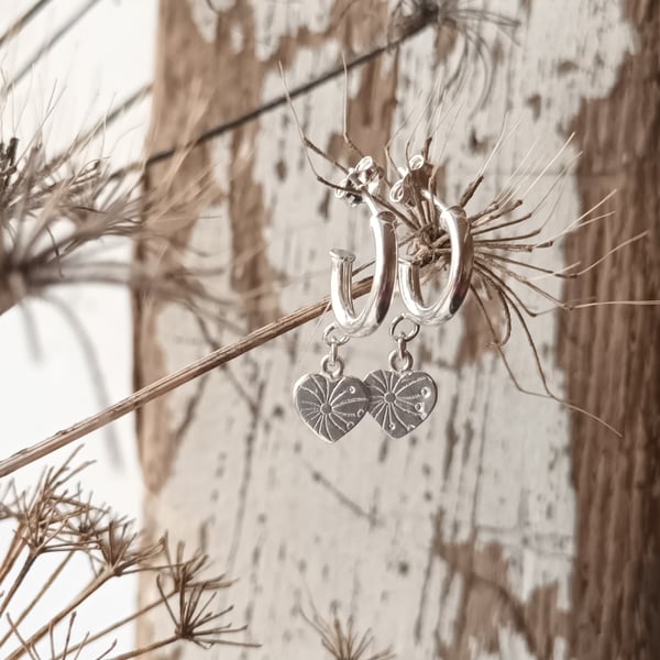 Silver Huggie Hoops with Heart Charm 