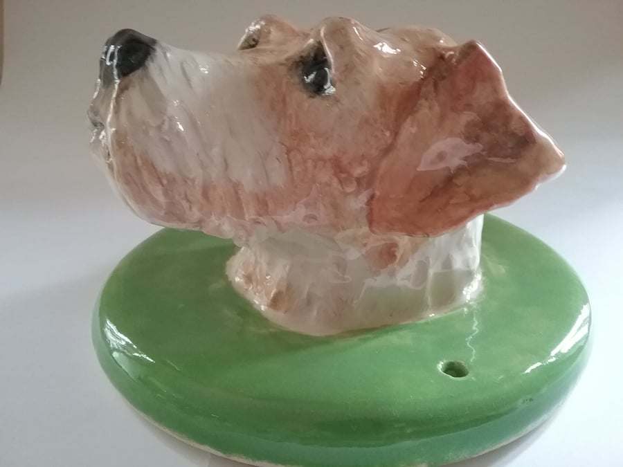 Hand made ceramic clay pottery dog head sculpture