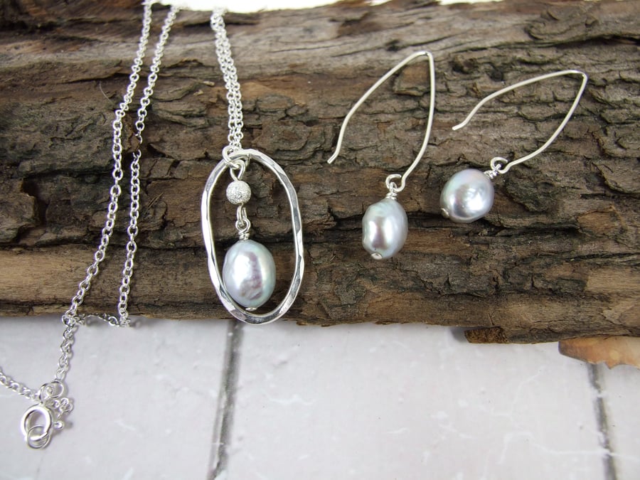 Necklace and Earring Set, Sterling Silver and Silver Colour Pearls