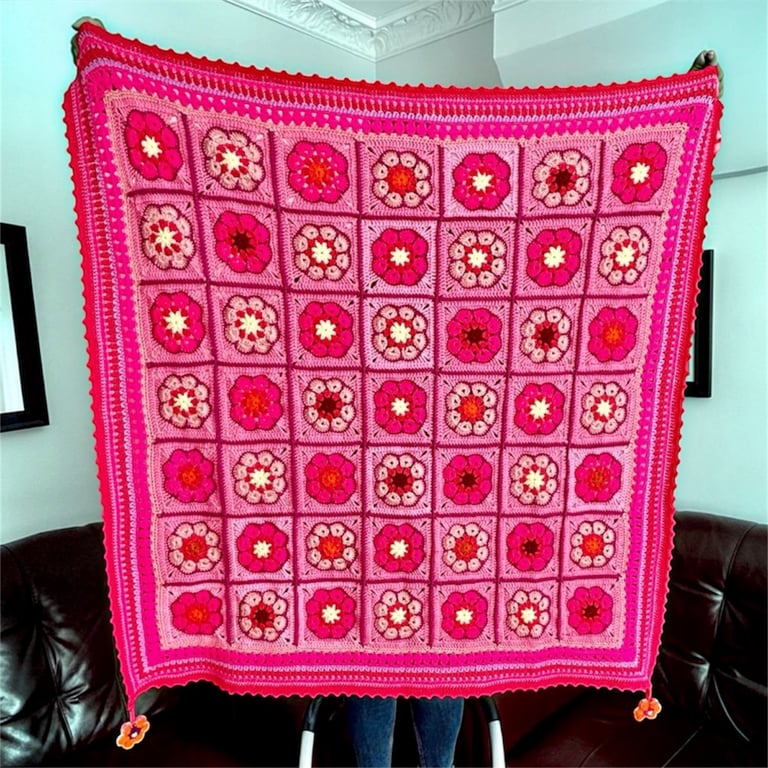 Artisan Floral Crochet Throw,Blanket with Hanging Corner Flower Motifs. 44" Sq.