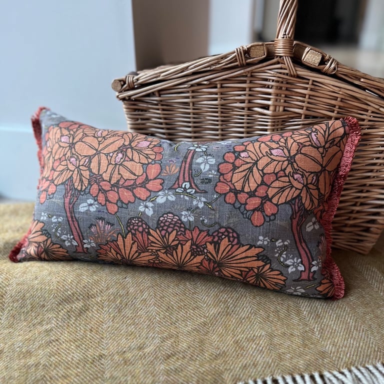 Rectangular tree print cushion cover with brush fringe trim