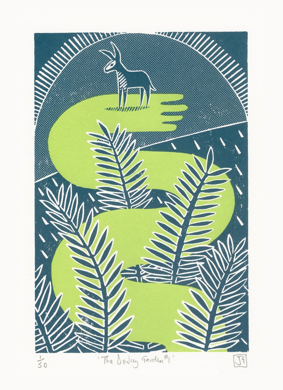 The Donkey Garden No.1 2-colour A4 linocut screenprint