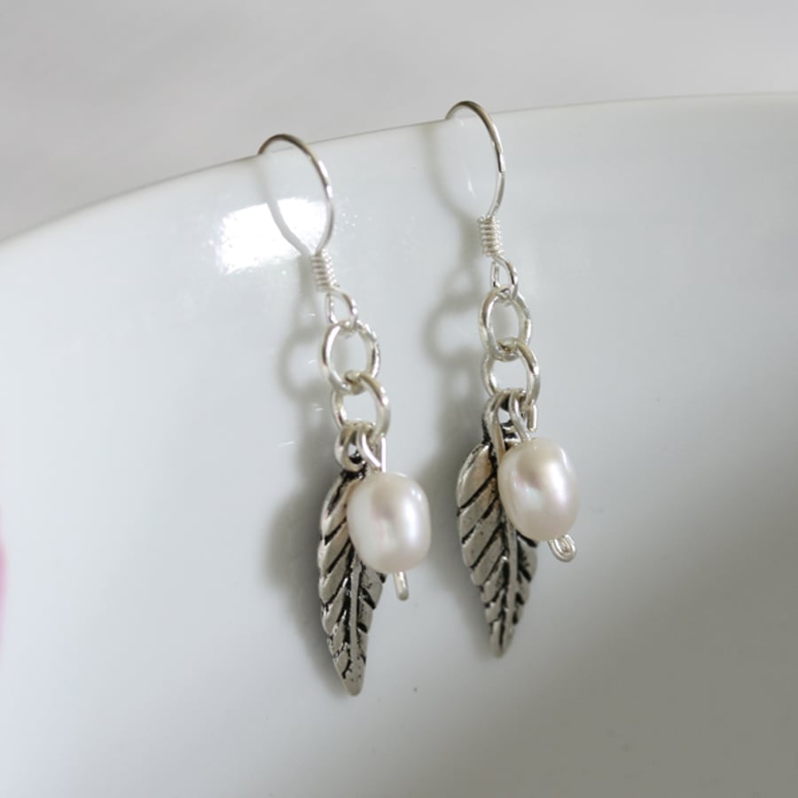 Freshwater pearl earrings, Leaf, Dangle earrings
