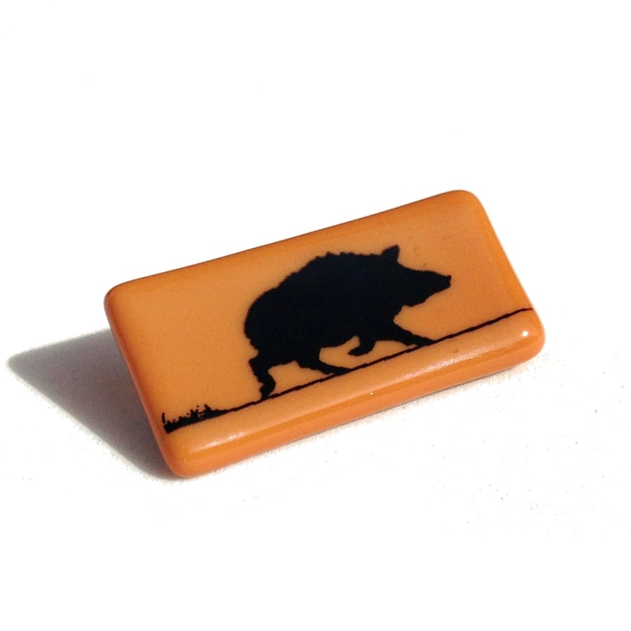 Wild Boar Brooch in Fused Glass with Screen Printed Kiln Fired Enamel