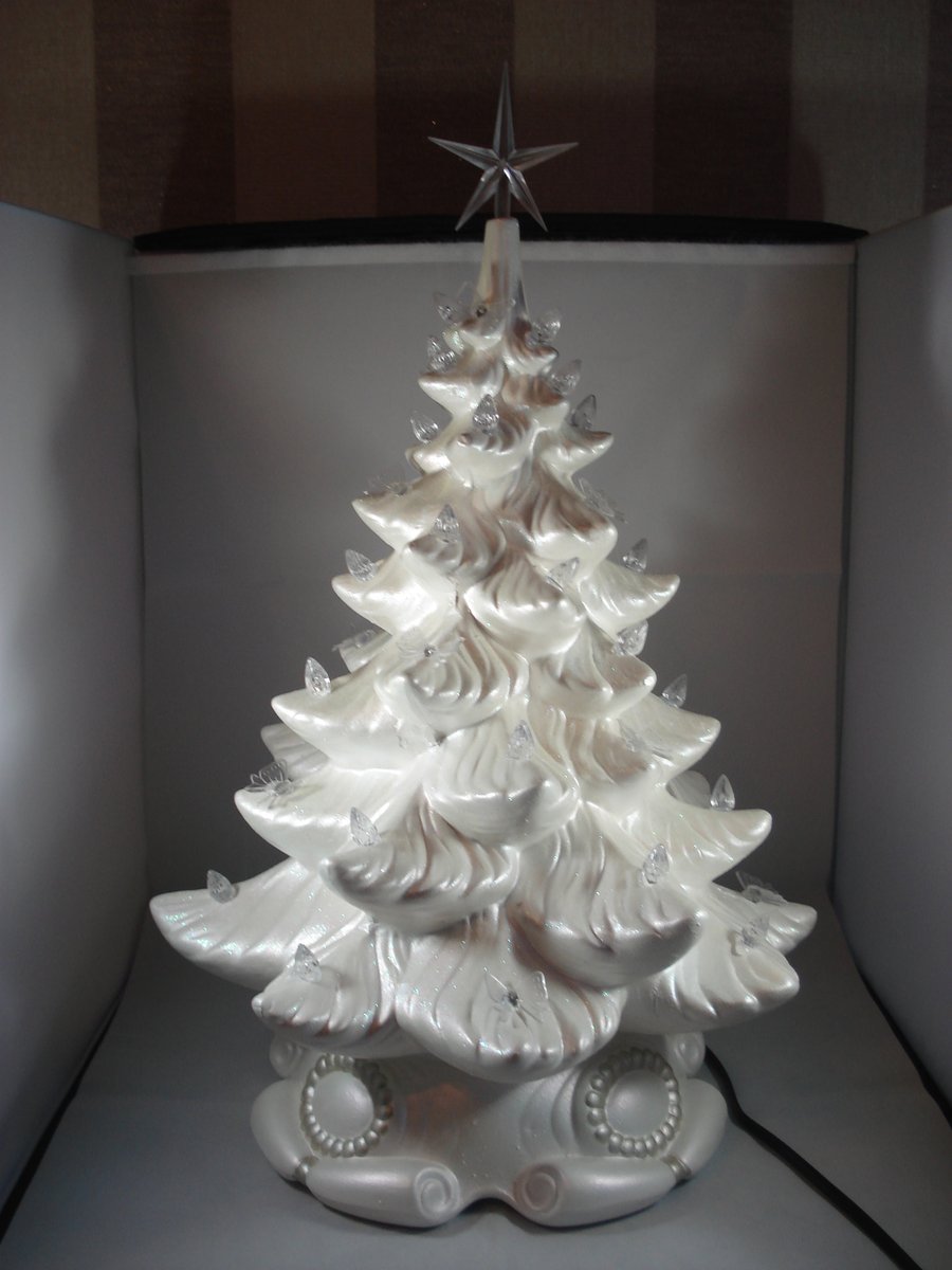 Large White Glittery Ceramic Xmas Christmas Tree Table Lamp Light Decoration.   