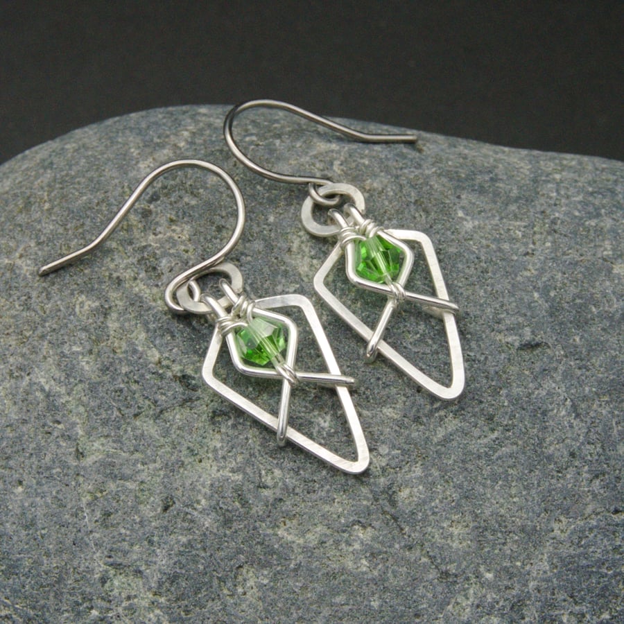 Hammered Sterling Silver Arrowhead Earrings with Light Green Faceted Glass Beads