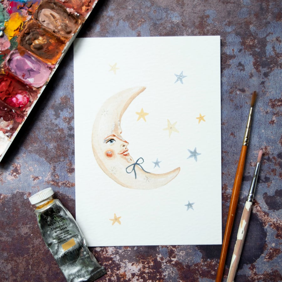 A6 art print of a crescent moon called Apollo, hand embellished 
