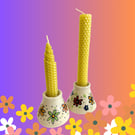 FLORAL CERAMIC CANDLE HOLDERS WITH HAND ROLLED BEESWAX CANDLES