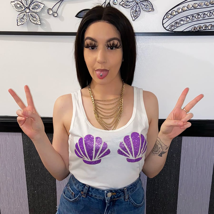 Mermaid Purple Glitter Shell White Tank Vest Top Ariel Little Mermaid Festival