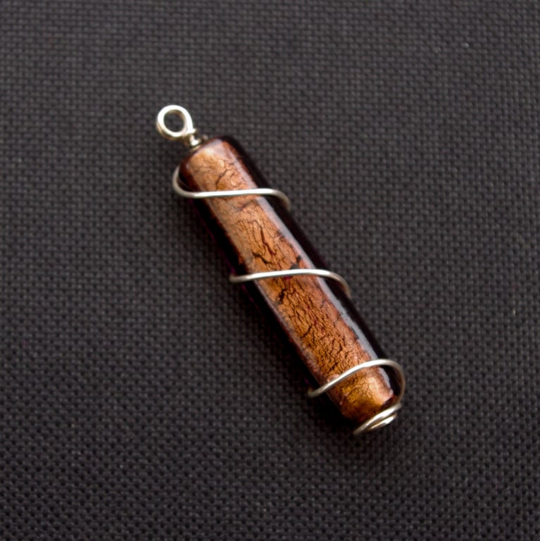 Wire Wrapped Pendant Bead. Long Silver Foiled Focal Bead. Classy Bronze & Silver