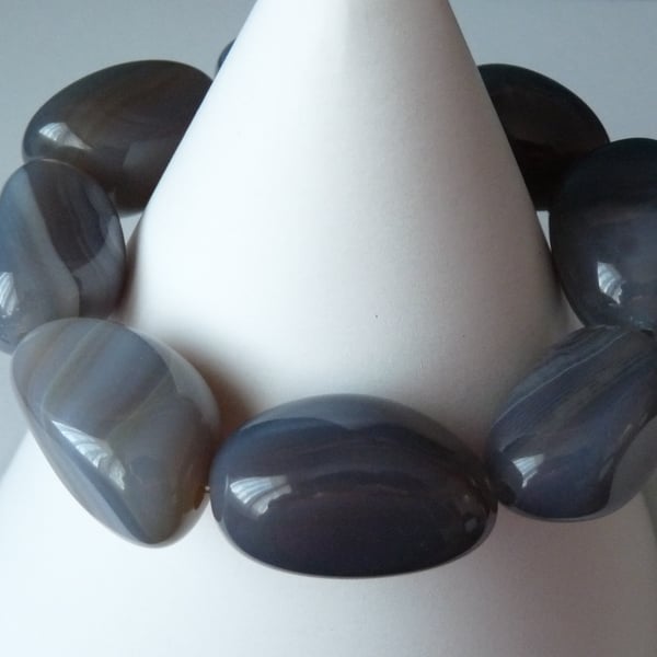 Chunky Grey Striped Agate Stretchy Bracelet - Genuine Gemstone - Handmade