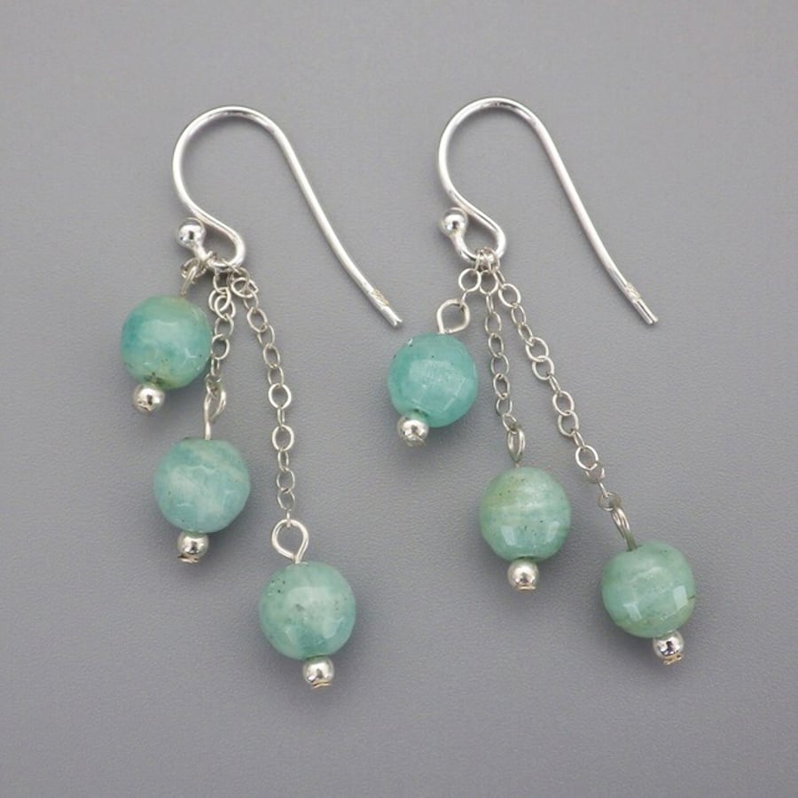 Three tier faceted amazonite bead earrings with Sterling Silver