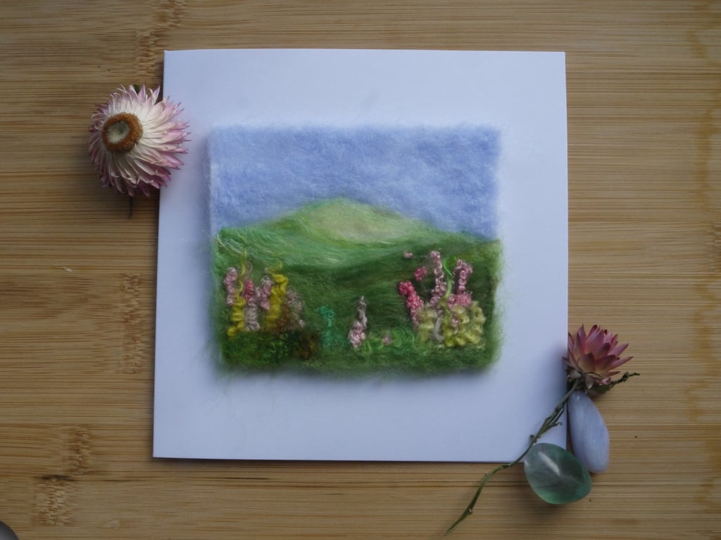 Handmade needle felted Hillside flowers greetings card