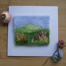 Handmade needle felted Hillside flowers greetings card
