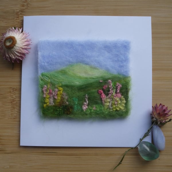 Handmade needle felted Hillside flowers greetings card