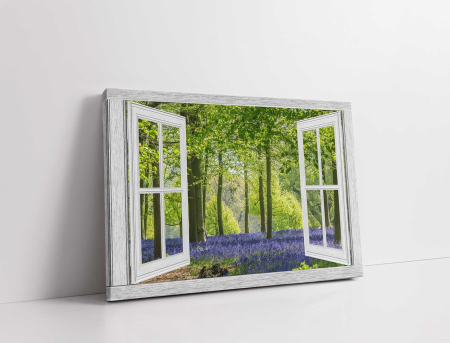 Bluebells in the woods. Window frame, canvas picture print. 14"x10" (18mm depth)