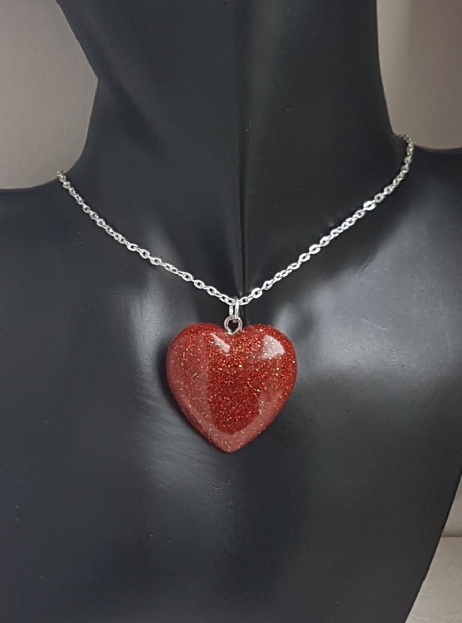Gorgeous Sparkly Red Resin Glitter Heart Pendant on Chain - Silver Tones