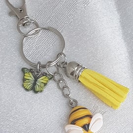 SALE - Beautiful Yellow and Bee Keyring - Key Chain Bag Charm - Silver Tone